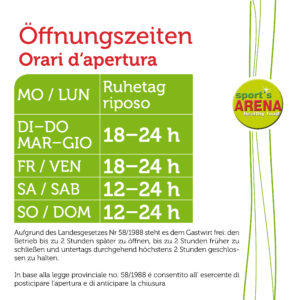 SPORTS ARENA Öffnungszeiten Oktober 2020